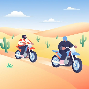Two motorcyclists are riding their bikes across a vast desert landscape. One motorcyclist has a black helmet and is wearing a white and red racing jacket, while the other is wearing a blue helmet and a black leather jacket. The sandy dunes rise and fall in the background, their rippled surfaces reflecting the sunlight. Scattered throughout the scene are tall green cacti, standing out against the golden sand. The sky above is a brilliant blue, with a few fluffy white clouds drifting lazily. The motorcycles leave trails in the sand, indicating their path through the arid terrain.