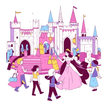 A group of children is wandering through a large fairy tale castle. The castle has tall, pointed towers and intricate stonework. There are knights in shining armor standing guard at various entrances, their swords drawn and ready. In the center of the scene, a princess in a flowing pink gown is interacting with the children, smiling as she gestures towards a grand staircase adorned with decorative banners. The children are wearing colorful clothing, and their expressions are filled with wonder and excitement as they explore the castle's many rooms filled with golden treasures and ornate decorations.