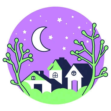 A night sky filled with stars is visible above a small village. The village consists of quaint houses with sloping roofs and small windows. In the foreground, there are trees with intricate branches and leaves, providing a natural frame to the scene. The stars twinkle brightly in the dark sky, creating a contrast against the silhouettes of the houses. A crescent moon hangs above, casting a gentle light over the village. The whole scene conveys a calm and serene atmosphere, emphasizing the beauty of a quiet night.