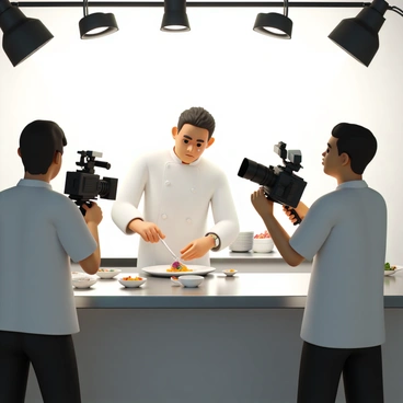 A chef nervously plating a dish in front of a camera crew for a cooking show