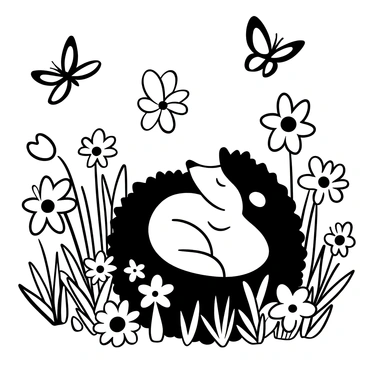 A hedgehog curled in a relaxed position amidst an assortment of blooming spring flowers. Various flowers like daisies, tulips, and daffodils are scattered around the hedgehog, creating a vibrant garden scene. Several butterflies are depicted fluttering above the flowers, their wings spread wide as they hover gracefully. The setting is filled with intricate details of the flowers and butterflies, enhancing the lively atmosphere of the spring scene.