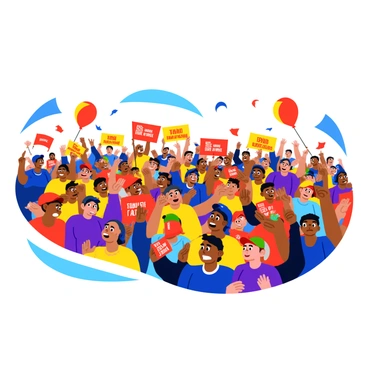 A large crowd of enthusiastic fans gathered at a rally. The fans are waving colorful flags in bright shades of red, blue, and yellow. Many of them are holding signs with slogans written in bold letters. The atmosphere is filled with energy as people cheer and raise their arms in excitement. Some fans are wearing matching team apparel, including hats and t-shirts in vibrant colors. A few balloons float above the crowd, adding to the festive mood. The scene is lively and full of movement, capturing the spirit of the event.