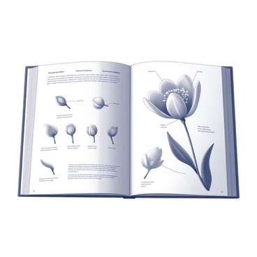 A page in an illustration book dedicated to scientific exploration. The layout features a large, detailed drawing of a flower showcasing its anatomy. Labels point to various parts such as "petal," "stamen," "pistil," and "leaf." Surrounding the flower are additional sketches demonstrating the growth stages from seed germination to full bloom. Each stage is clearly labeled, showing the process of development. Text boxes provide descriptions of each anatomical part and its function in the plant's lifecycle. The background is simple to enhance focus on the intricate details of the flower and its growth stages.