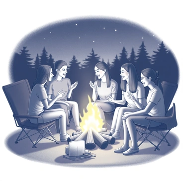 A group of five friends gathered around a campfire at night. They are sitting on wooden logs and camping chairs, with the flickering flames illuminating their faces. One friend is animatedly gesturing while sharing a story, while another leans in, listening intently. Nearby, a bag of marshmallows rests on a small table, with sticks ready for toasting. The night sky is visible above, dotted with stars, and shadows dance in the surrounding trees as the fire crackles. The friends show expressions of laughter, encouragement, and camaraderie as they support each other in overcoming their fears.