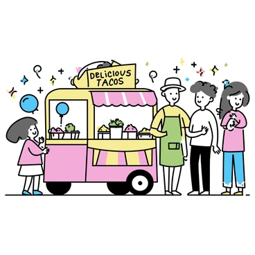 A mini taco truck cart serving delicious tacos with various toppings at a street fair