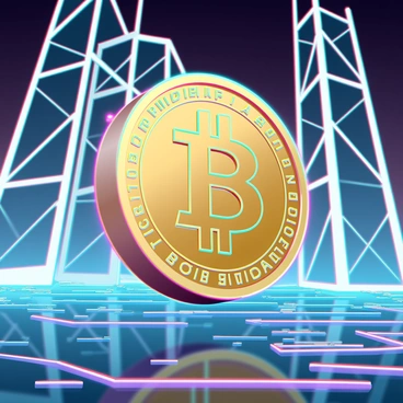 A 3D golden Bitcoin symbol, highly reflective and intricately detailed, floats in a futuristic digital landscape. The Bitcoin symbol is surrounded by shimmering holographic lines and glowing data streams that weave through the air. The background features towering, translucent structures with angular designs, illuminated by vibrant neon colors. Digital patterns and circuitry flow on the ground beneath the Bitcoin symbol, creating a sense of depth and immersion in this advanced environment.