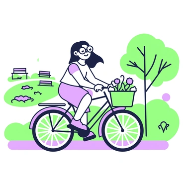 A cartoon girl with large glasses is riding a bicycle along a path in a park. She has long, flowing hair that moves with the breeze. The bicycle has a basket attached to the front, filled with colorful flowers. Surrounding her are trees with leafy branches and patches of grass. In the background, there are several park benches, and a walking path can be seen winding through the greenery. The girl has a joyful expression as she enjoys her ride.