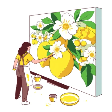 A mural artist is standing in front of a large wall, intently painting a vibrant depiction of yuzu fruits and flowers. The artist is holding a paintbrush, with splashes of yellow paint on their hands and apron, showcasing their creative process. The mural features bright yellow yuzu fruits, with textured skin, surrounded by delicate white flowers and lush green leaves. The wall is filled with a lively composition, capturing the essence of the fruits and flowers in a dynamic and cheerful arrangement.