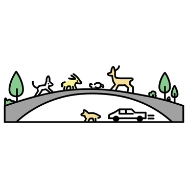 A wildlife bridge arches gracefully over a gray highway. The bridge is covered in green vegetation, with trees and shrubs lining the edges. Various animals, including a deer, two rabbits, and a fox, are seen crossing the bridge. The deer is in the center, moving cautiously, while the rabbits are hopping playfully beside it. The fox, with its bushy tail, cautiously approaches the edge of the bridge. Below, cars can be seen driving on the highway, emphasizing the contrast between the bustling road and the serene wildlife above.