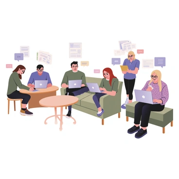 A digital flat illustration depicting a group of five people, each in different locations, collaborating on a shared document through their laptops. On the left, a woman with long brown hair is sitting at a wooden table in a cozy café, focused on her screen. Next to her, a man with short black hair and glasses is working in a modern office, wearing a blue shirt and typing on his laptop. Across the screen, a person with curly red hair is seated on a couch at home, wearing a green sweater and sharing ideas with a visible chat bubble. In another location, a man with a beard is standing in a bright library, consulting a document on his laptop while wearing a patterned shirt. Finally, a woman with short blonde hair is working in a park, sitting on a bench with a laptop on her lap, enjoying the sunlight. Each person has a small speech bubble indicating their contributions to the shared document.