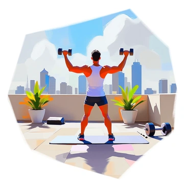 A person performing lateral raises on a city rooftop, with a dramatic skyline backdrop. The individual has medium skin and is wearing a fitted tank top and athletic shorts. They are in a focused stance, raising dumbbells out to the sides, arms parallel to the ground. The rooftop is adorned with potted plants and minimalistic exercise equipment, while the city skyline features tall buildings and skyscrapers under a clear blue sky. The sun casts dynamic shadows, enhancing the energetic activity of the workout scene.