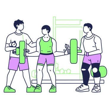 A beginner lifter is positioned in a squat stance, holding a barbell across their upper back. Their feet are shoulder-width apart, and their knees are slightly bent as they prepare to squat. The lifter is wearing a fitted workout shirt and shorts, with a focused expression. Standing beside them is a trainer providing guidance, dressed in athletic gear with a stopwatch in hand. The trainer is demonstrating proper form, pointing towards the lifter's knees to ensure they track correctly. In the background, gym equipment can be seen, including a squat rack and weights neatly arranged.