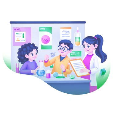 A laboratory scene featuring a group of three children engaged in a simple experiment. The first child, a girl with curly hair wearing a blue lab coat, is carefully pouring a water sample from a clear beaker into a test tube. The second child, a boy with glasses and a yellow lab coat, is observing the reaction with a focused expression. The third child, a girl with straight hair tied in a ponytail, is taking notes on a clipboard while standing next to a table filled with various scientific equipment, such as pipettes, petri dishes, and labeled containers. In the background, a bulletin board displays educational posters about PFAS and water safety.