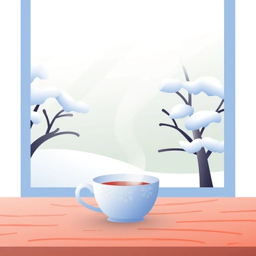 A steaming cup of tea is placed on a wooden table, showcasing intricate grain patterns. The cup is a porcelain white with a delicate floral design. The steam gently rises from the surface of the tea, creating a soft haze. Behind the cup, a large window reveals a snowy landscape outside. Fluffy white snow blankets the ground and clings to the branches of trees, while the sky above displays a pale gray hue. The wooden table reflects a warm, rich tone that contrasts with the cool tones of the winter scene outside.