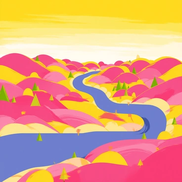 A landscape depicted in an infrared style, showcasing a variety of terrains including rolling hills, scattered trees, and a winding river. The heat distribution is represented in vibrant colors, with shades of red indicating warmer areas and blues and greens representing cooler spots. The sky above is a gradient of bright yellows and oranges, while the ground features diverse patterns with intense color contrasts highlighting different features of the landscape.