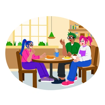 A group of three anime characters is sitting at a small wooden table in a cozy cafe. One character, a girl with long blue hair and large round glasses, holds a steaming cup of coffee with both hands. Another character, a boy with spiky green hair, has a slice of cake on his plate and is animatedly talking, gesturing with his free hand. The third character, a girl with short pink hair tied in twin tails, is leaning forward, smiling and listening intently, her cup resting on the table. The cafe has warm lighting, wooden shelves filled with books, and potted plants on the windowsill, creating an inviting atmosphere.