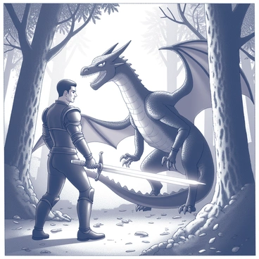 A muscular hero stands firmly, gripping a glowing sword with both hands. The sword emits a bright light, illuminating the surrounding area. The hero is wearing a suit of armor, reflecting the light of the sword. In front of him, a fierce dragon towers, its scales textured and detailed, showcasing fierce eyes and sharp claws. The dragon is poised to strike, with its wings partially unfurled, creating an imposing silhouette against the trees. The mystical forest around them has tall, twisted trees with intricate bark patterns, and dense underbrush, adding to the atmosphere of the battle. The ground is littered with leaves and small stones, while shafts of light filter through the dense canopy above.