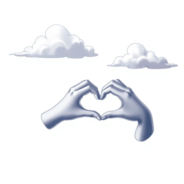 Two hands are positioned close together, fingers curved to form a heart shape. The hands are detailed with visible knuckles and skin texture. Above them, fluffy clouds drift lazily across the sky, their soft edges creating a contrast against the defined shape of the heart formed by the hands. The clouds vary in size and density, some appearing larger and more pronounced, while others are lighter and more delicate, creating a sense of depth in the scene.