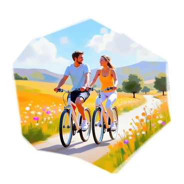 A couple is riding bicycles together through the rolling hills of the countryside. The man has short brown hair and is wearing a light blue t-shirt and black shorts, while the woman has long blonde hair pulled back into a ponytail, dressed in a yellow tank top and white leggings. They are smiling at each other, enjoying the bright sunshine. The landscape is dotted with lush green grass and wildflowers, with gentle slopes leading to distant hills under a clear blue sky. In the background, there are a few trees scattered along the hillside, adding to the idyllic scenery.