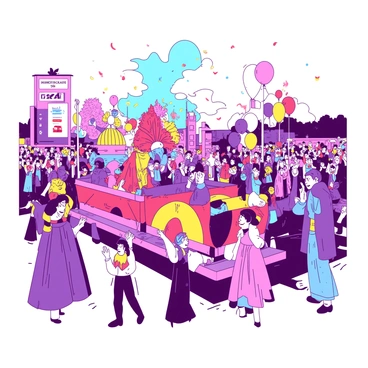 A vibrant scene of a Karneval parade in Dortmund filled with colorful floats. Each float is adorned with bright decorations, featuring a mix of designs and themes. People in the crowd are wearing elaborate costumes that showcase a variety of colors and styles, including masks and accessories that add to the festive atmosphere. The joyful crowd is clapping and cheering, creating an energetic ambiance. Balloons and confetti can be seen floating in the air, enhancing the celebratory mood of the event.