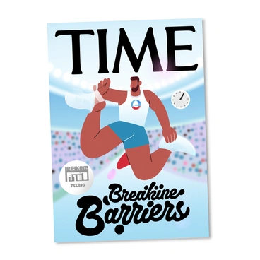 A magazine cover features an athlete in a dynamic action pose, captured mid-leap as they break a world record. The athlete is wearing a fitted sports uniform with bold colors and logos prominently displayed. The background showcases a blurred stadium filled with spectators, emphasizing the energy of the moment. Above the athlete, in large letters, the text "TIME" is displayed prominently. Below the athlete, the words "Breaking Barriers" are featured in a striking font. A stopwatch graphic is positioned on one side, highlighting the achievement of a new record.