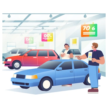 A spacious car dealership is filled with various car models on display. In the foreground, a sleek blue sedan is shown, alongside a shiny red SUV and a silver hatchback. These vehicles are positioned prominently under bright showroom lights, highlighting their features. A salesperson with short brown hair and a black polo shirt is interacting with a customer, pointing towards the blue sedan while holding a brochure. There are several colorful banners hanging from the ceiling, each showcasing special promotions. The dealership floor is polished and reflects the light from above, creating an inviting atmosphere.