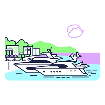 A panoramic view of the French Riviera is presented, showcasing the coastline lined with vibrant buildings. In the foreground, several luxurious yachts are anchored in the clear water. The yachts vary in size and design, with sleek hulls and polished finishes. In the background, the Mediterranean Sea stretches towards the horizon, framed by gently rising hills dotted with green trees. The sky above is vast, hinting at a bright day. Along the shore, people can be seen enjoying the beach, with umbrellas and sun loungers set up in neat rows.