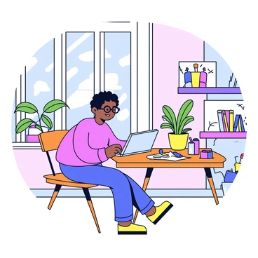 An artist working on a digital tablet in a bright and colorful studio filled with art supplies.