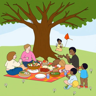 A large oak tree with a thick trunk and sprawling branches provides shade for a colorful picnic blanket spread on the grass. The picnic blanket is adorned with a variety of foods, including sandwiches, fruits, and drinks. A family of four with light skin and curly hair is sitting on one side, smiling and sharing a large bowl of salad. Opposite them, a family of four with dark skin and straight hair is laughing while holding sandwiches and juice boxes. Nearby, a child is flying a small bright red kite while another child picks daisies from the ground. The sunlight filters through the leaves of the oak tree, casting playful shadows on the picnic scene.