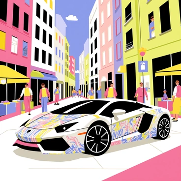 A luxury sports car with a sleek, aerodynamic design sits prominently in a bustling urban area. The car's body features bold, colorful graffiti art that wraps around it, showcasing intricate designs and vibrant hues. Surrounding the car are tall buildings with large murals and storefronts, adding to the lively atmosphere. The pavement is lined with people walking, some stopping to admire the car, while street vendors display their goods nearby. A bright blue sky peeks through the scene, contributing to the energetic vibe of the city.