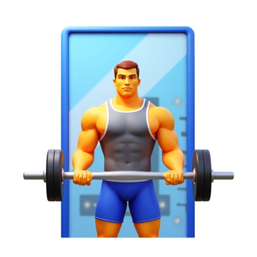A muscular athlete performing barbell curls in front of a large mirror. The athlete has a focused expression while observing their form. They are wearing a fitted athletic tank top and shorts. The barbell is metallic with weights on each side, and their muscles are visibly engaged during the lift. The background features a well-equipped gym setting with weights and exercise equipment. The mirror reflects the athlete's posture and the details of the workout.