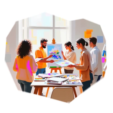 A group of diverse participants in an illustration workshop stands in a bright, spacious room filled with natural light. They are exchanging their final artworks, each showcasing a variety of styles and techniques. One participant, a woman with curly hair and glasses, holds up a colorful landscape painting while another, a man with short hair and a beard, shares a whimsical character design. Nearby, a young woman with a ponytail inspects a detailed sketch presented by her friend. The walls of the room are adorned with their previous works, and art supplies are scattered on tables in the background. Excitement and camaraderie are evident as they discuss their creative processes and share feedback on each other's pieces.