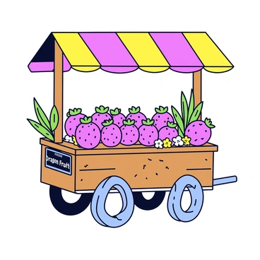 A street vendor's cart made of wood with a bright colorful awning. The cart is filled with numerous dragon fruits, showcasing their vibrant pink skin and green scales. Surrounding the fruits are tropical decorations including palm leaves and small colorful flowers. The cart has wheels for easy movement and a small chalkboard sign with "Fresh Dragon Fruits" written in white letters. The scene is lively and bustling with various fruits displayed prominently.