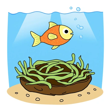 A small, colorful fish with bright scales is gently hovering above a nest made of green and brown seaweed. The fish has large expressive eyes and delicate fins that flutter as it meticulously arranges the strands of seaweed around the nest. Nearby, several tiny bubbles are rising toward the surface, creating a sense of movement in the underwater scene. The nest is nestled on a sandy ocean floor, surrounded by small pebbles. Sunlight filters through the water, creating soft beams that illuminate the fish and its nest.