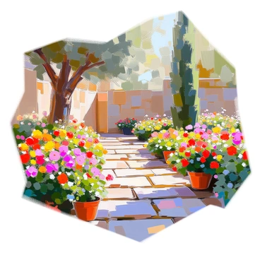 A lush Mediterranean garden in Mallorca filled with an array of vibrant flowers in shades of red, yellow, and purple. The garden features neatly arranged stone pathways that wind through the flourishing greenery, leading to various sections of the garden. Olive trees and cypress trees tower above, providing dappled sunlight on the ground. Tended flower beds burst with color, showcasing blooming bougainvillea and roses, while potted plants with bright geraniums are placed along the pathways. In the background, a rustic stone wall adds character to the scene, completing the serene garden atmosphere.