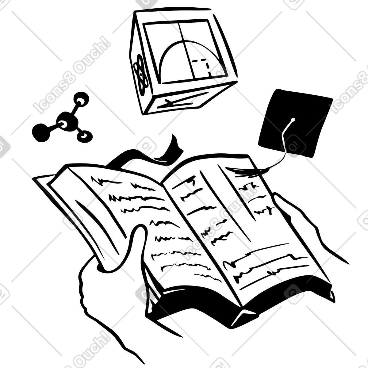 Self education and chemistry book reading illustration in Line style download in PNG, SVG