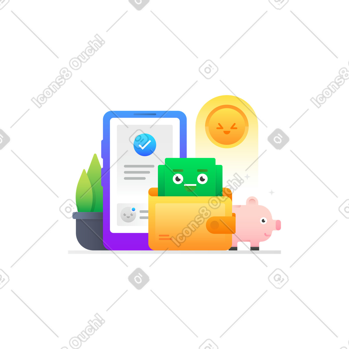 Online payment processed with wallet and piggy bank illustration in Hugo style download in PNG, SVG