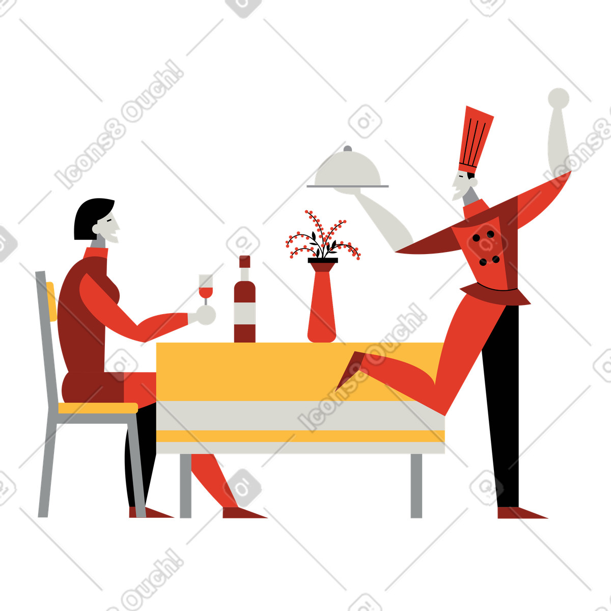 Chef serving dish to guest, Restaurant hospitality and gourmet meal presentation illustration in Burgundy style download in PNG, SVG