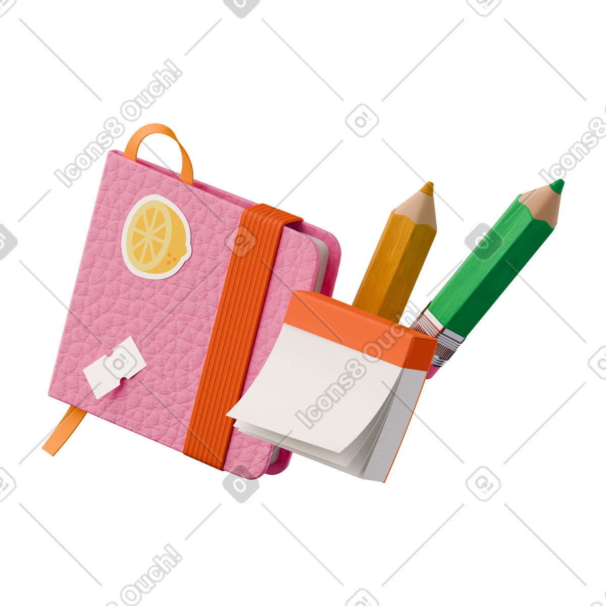 Isometric view of notebook with stickers notes and pencils illustration in 3D Stickle style download in PNG, SVG