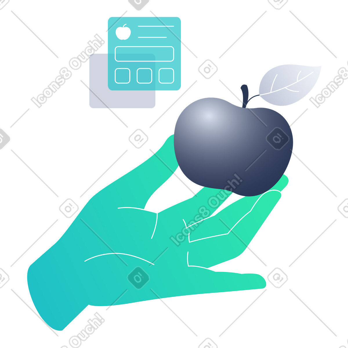 Hand holding apple with info card, AI powered diet and nutrition information, Smart food analysis illustration in Lucent style download in PNG, SVG