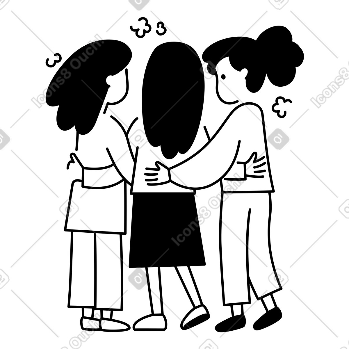 Notion Line Art 스타일의 Friends group hug supporting each other during difficult emotional time 일러스트레이션 PNG, SVG 다운로드