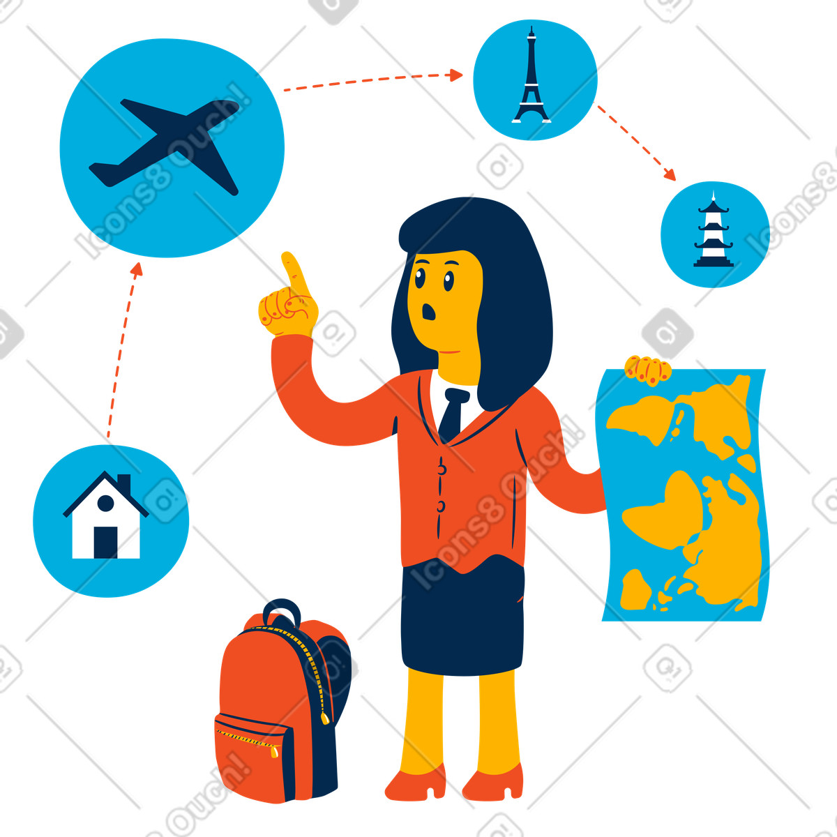 Ilustração de Mulher com mapa fazendo planos viagem em no estilo Flame para baixar em PNG, SVG