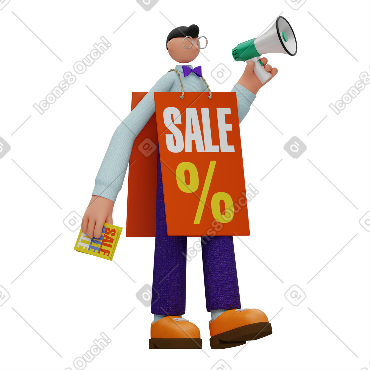 Promoter with megaphone wearing sandwich board animated illustration in GIF, Lottie (JSON), AE