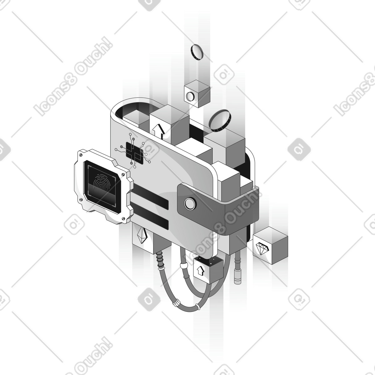 Wallet device with fingerprint scanner and blockchain data cubes around illustration in Futuristic style download in PNG, SVG
