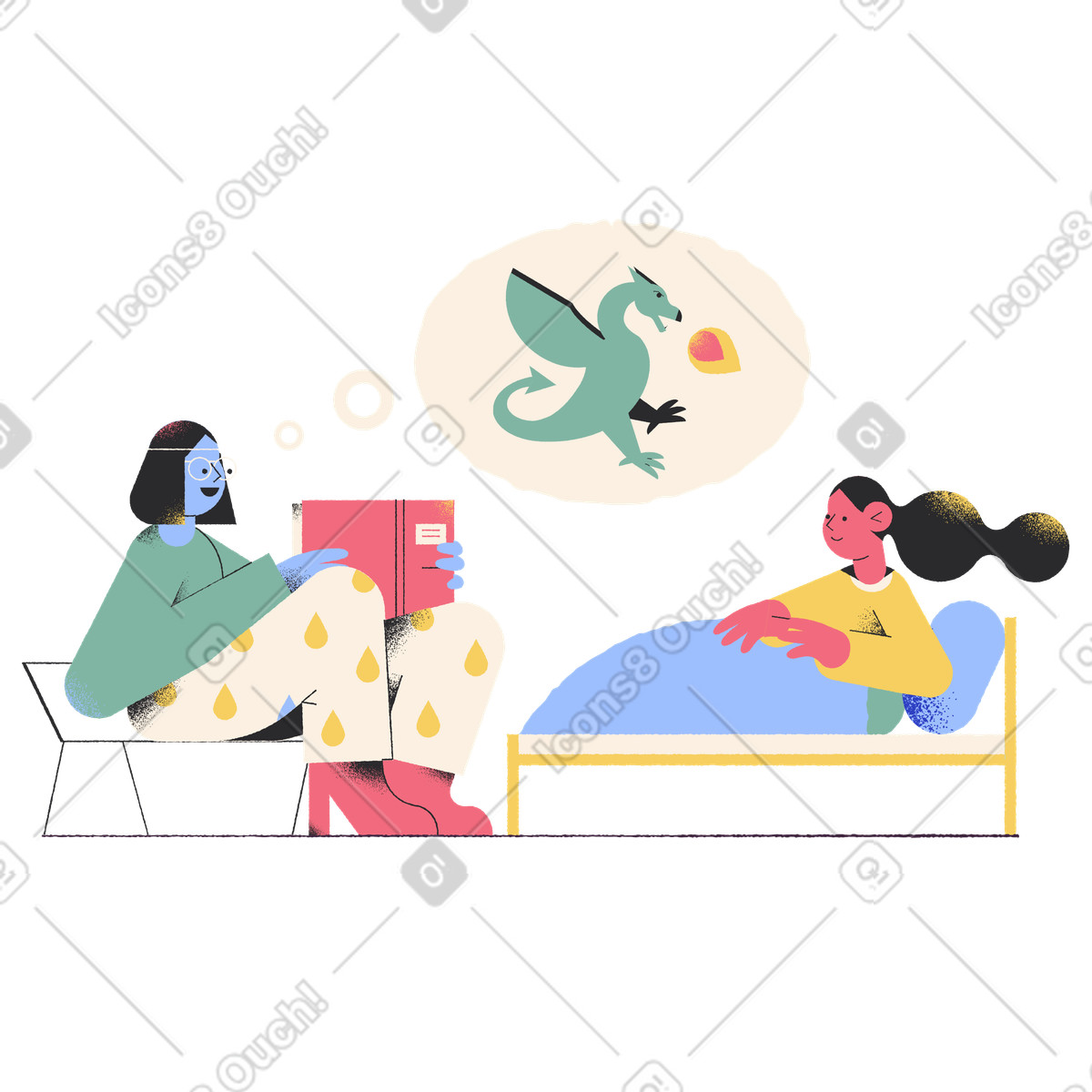 Mutter liest ihrer tochter eine gutenachtgeschichte vor-Illustration im Pablo-Stil als Download in PNG, SVG