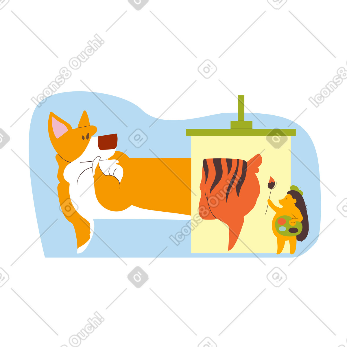 Ilustración Erizo pintando las patas traseras de un tigre sobre perro en estilo Woof a descargar en PNG y SVG