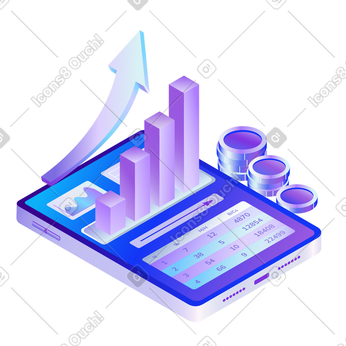 Illustration Tablet displaying business data and money stacks, Investment insights trends dans le style Hi-tech à télécharger aux formats PNG, SVG