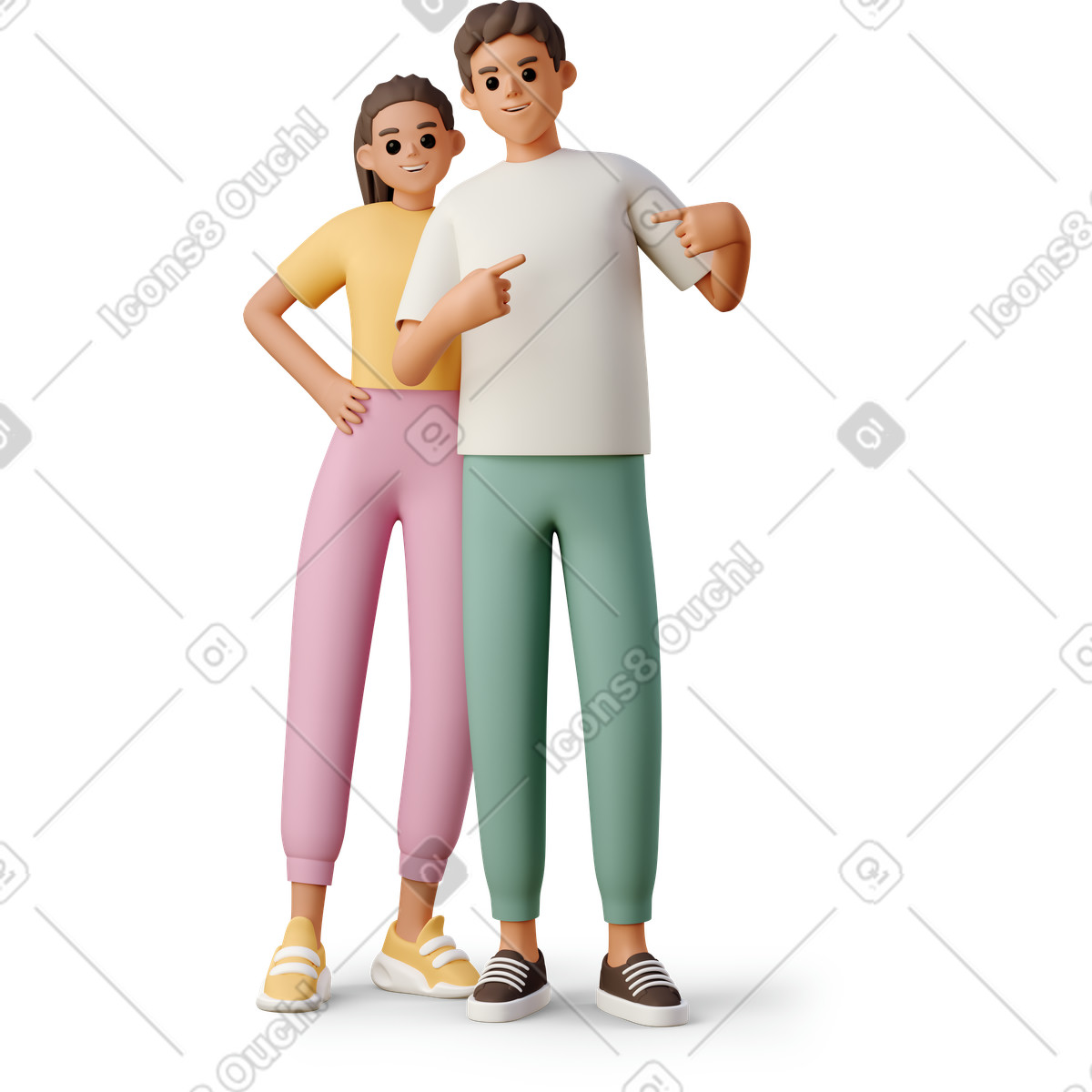 下载 3D Casual life 风格的 Boy and girl pointing at t-shirt 插画，支持 PNG、SVG 格式