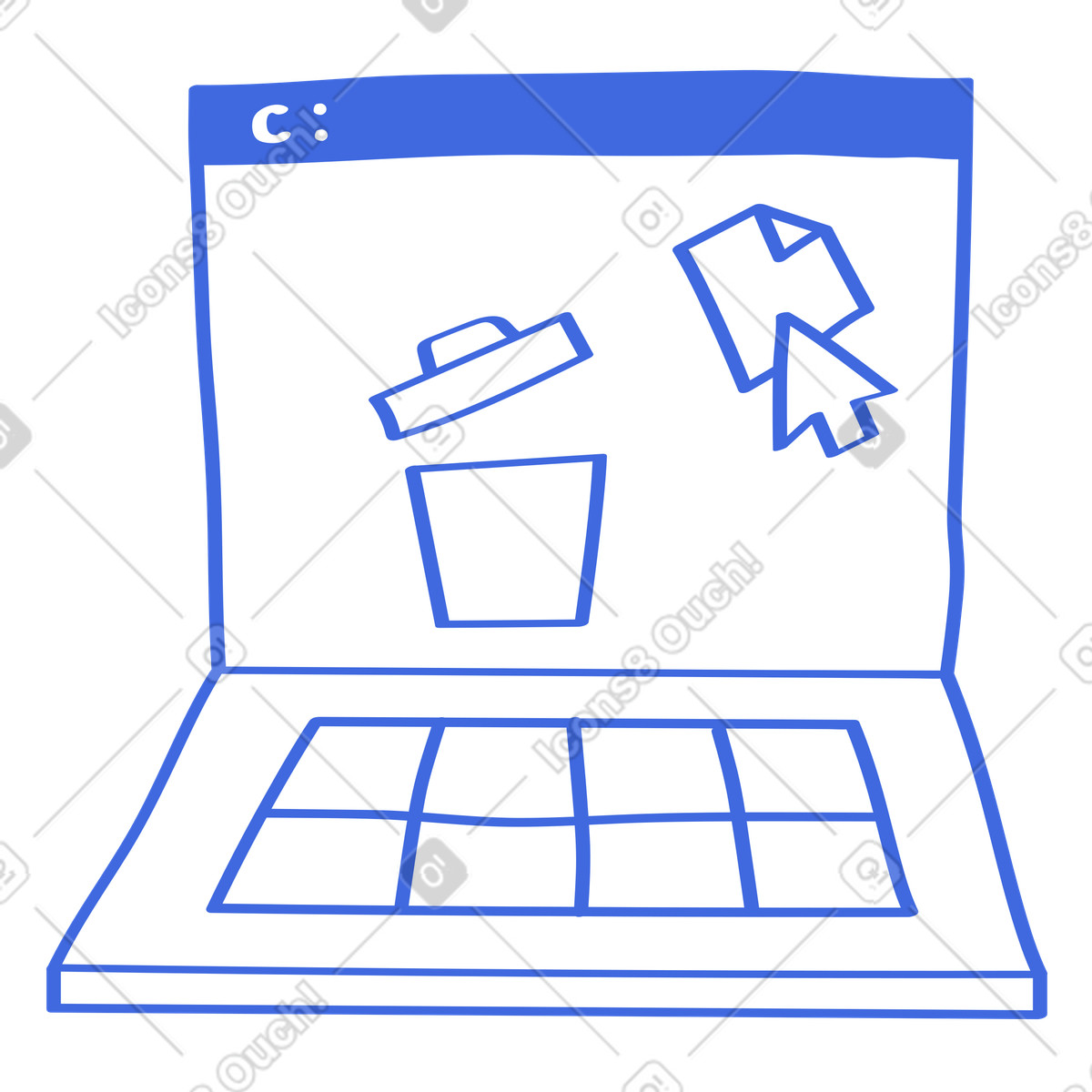 Ballpoint Pen スタイルの Laptop screen cursor dragging file into trash bin for deletion のイラストをPNG、SVG形式でダウンロード