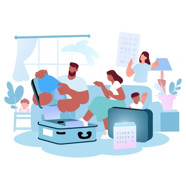 A family of four is in a cozy living room, surrounded by luggage and travel gear. The father is folding a bright blue shirt and placing it into a large suitcase, while the mother is organizing beach towels and sunscreen in a smaller bag. Two children, a boy and a girl, are excitedly holding up their favorite clothes, each trying to decide what to bring. A small calendar on a nearby table marks the upcoming trip dates, and a stack of papers representing the personal loan is visible in the background, emphasizing the theme of financing their holiday.